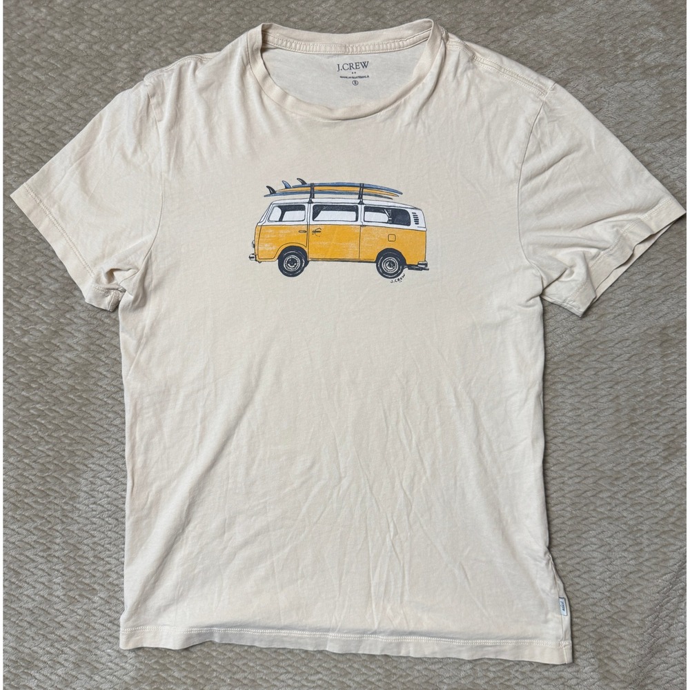 J.Crew Mens Small Cream Surf Van Graphic T-Shirt Short Sleeve Cotton Tee